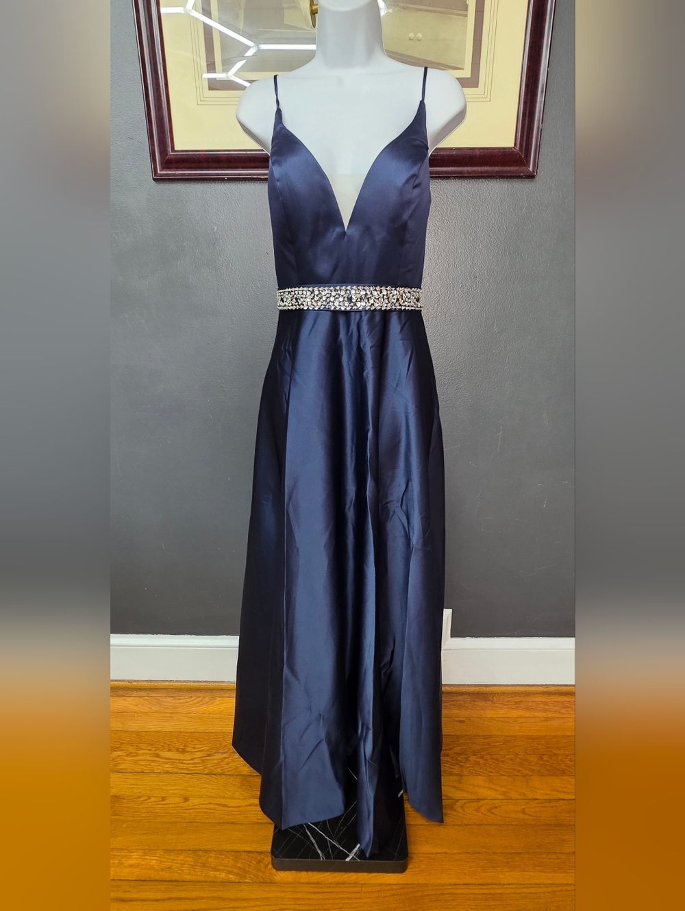 Navy Satin Formal Gown with Satin Ties